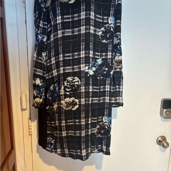 120% Lino floral plaid Shirt Dress long sleeve classy striped box square design - Picture 3 of 8